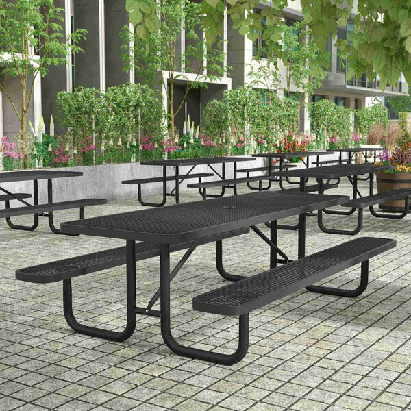 Flash Furniture Mantilla 8' Rect Picnic Tbl w/Expanded Metal Mesh Top and Seats and Steel Frame in Black w/Anchors SLF-EML96-H60L-BK-GG